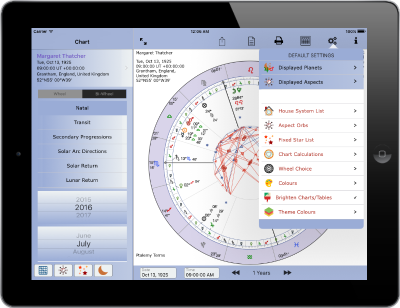 AstroConnexions default settings menu