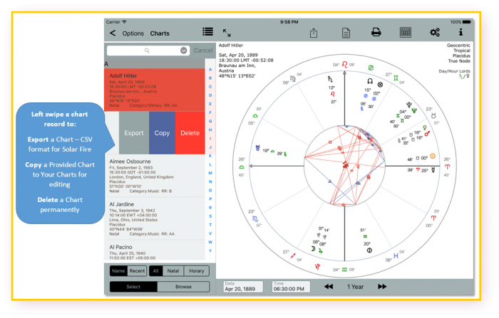 AC landscape iPad Air quick start chart listing left swipe record delete copy export
