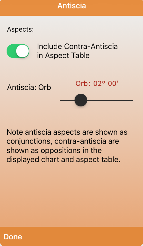 Antiscia Table and Orb Settings