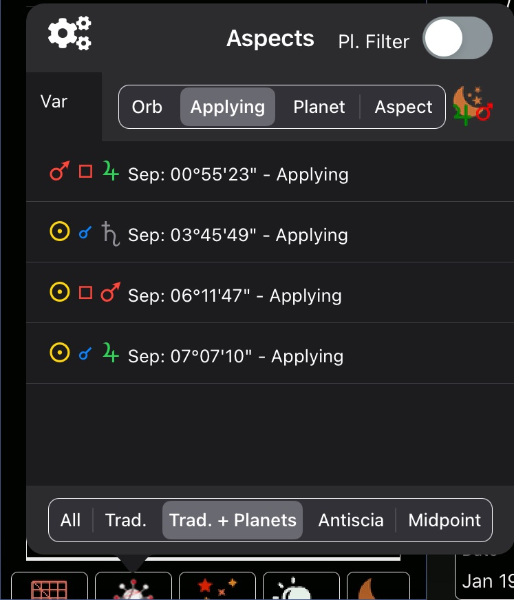 Aspect table- applying traditional aspects and planets