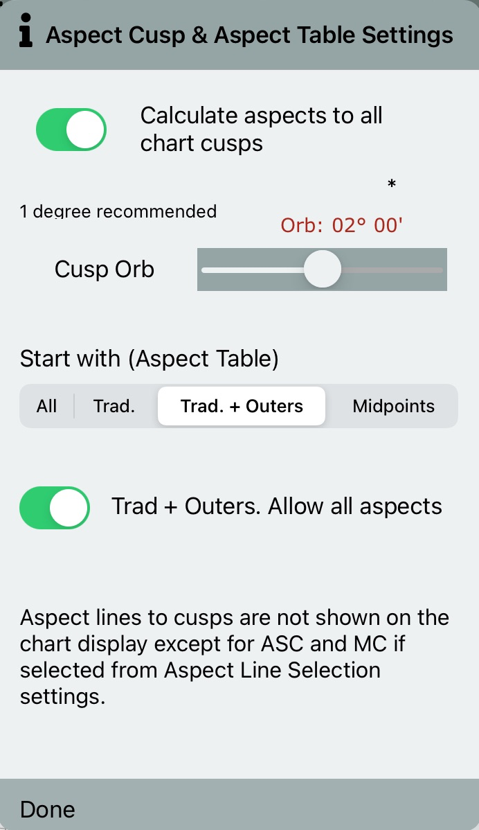 Aspect Cusp and Aspect Table Settings