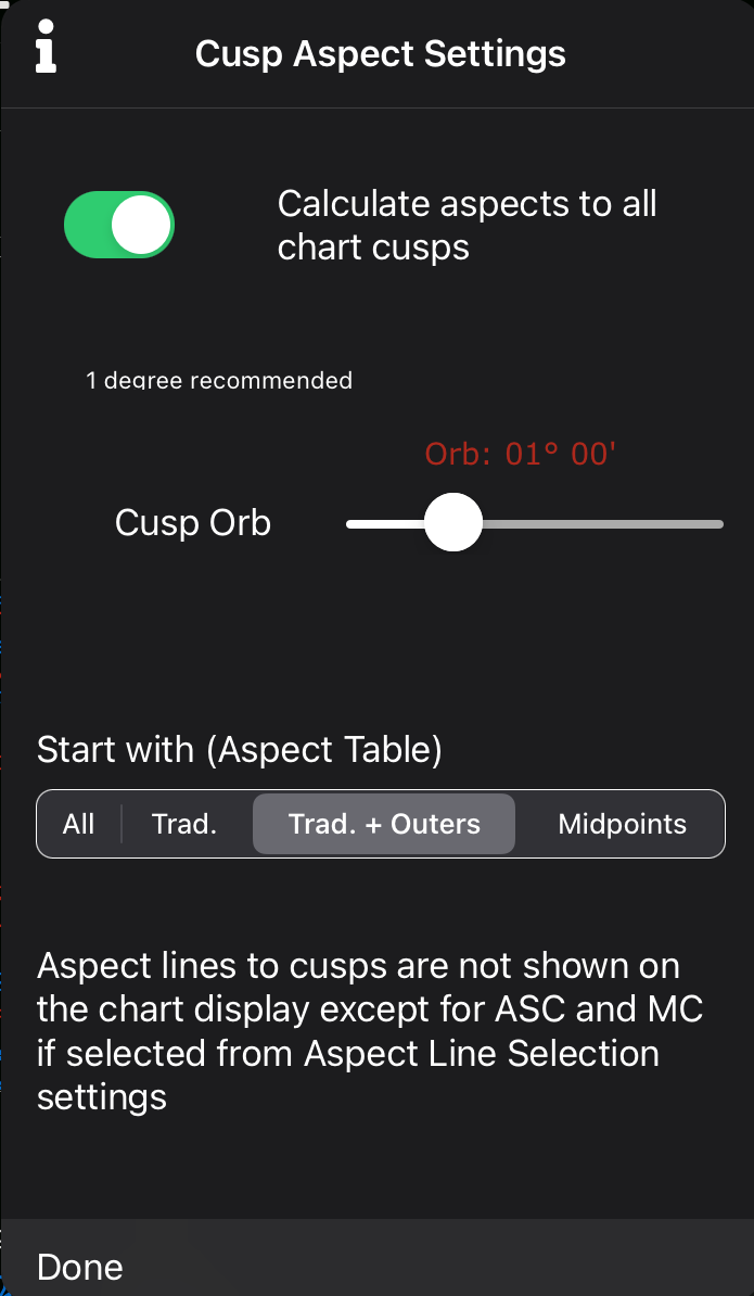 Cusp Aspect/Aspect Table settings