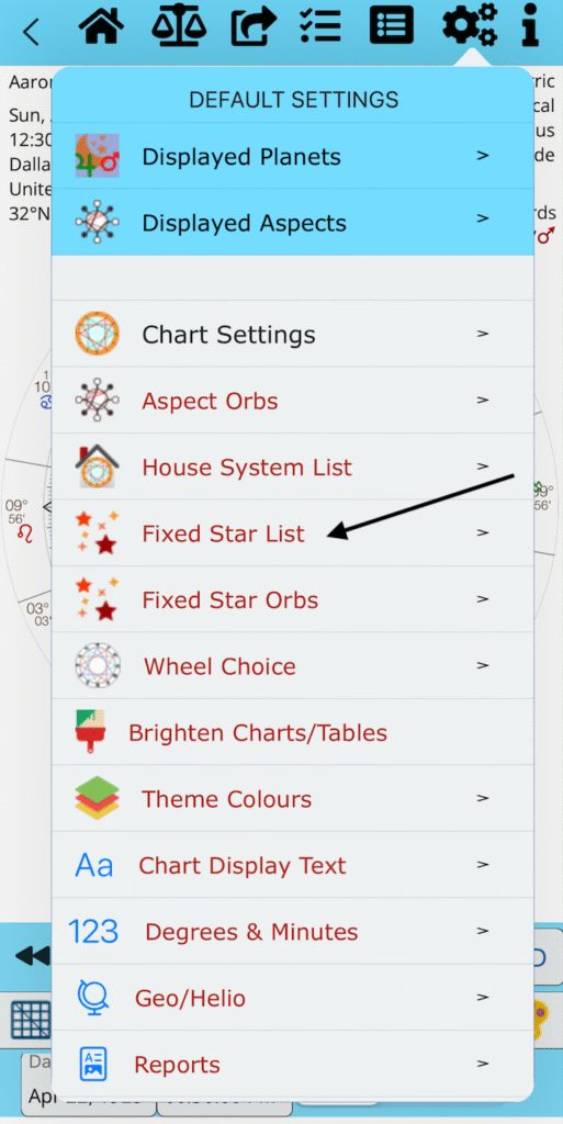 Fixed Stars List menu