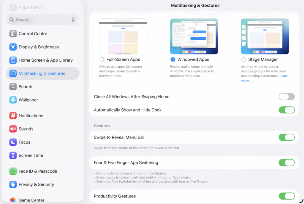 Multitasking iPad - settings